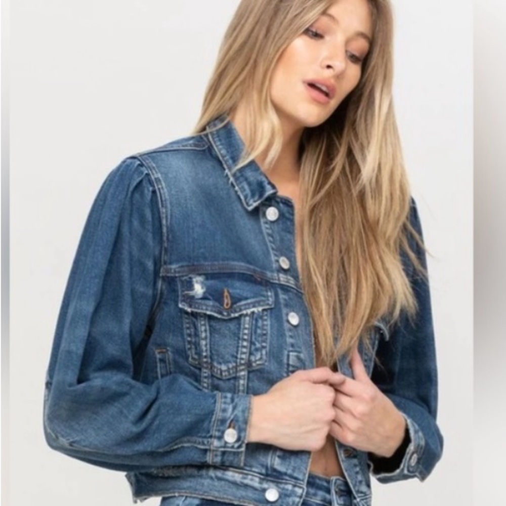 NWT vervet flying monkey denim puff sleeve trucker jean jacket blue distressed